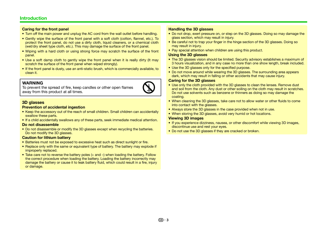 Sharp LC-80PRO10R, LC-70PRO10R, LC-60PRO10R operation manual 3D glasses 