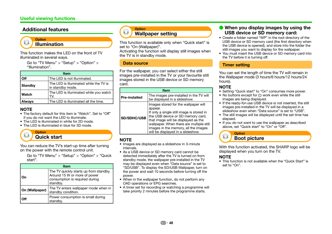 Sharp LC-80PRO10R, LC-70PRO10R, LC-60PRO10R Additional features, Illumination, Wallpaper setting, Quick start, Boot picture 