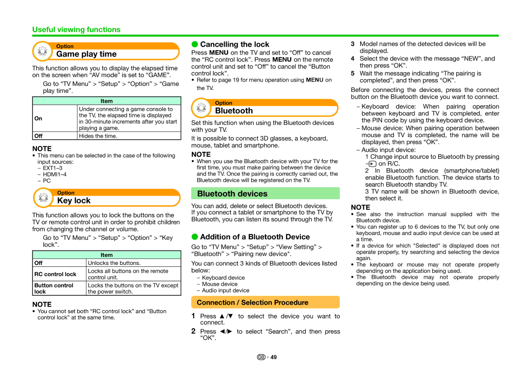 Sharp LC-70PRO10R, LC-60PRO10R, LC-80PRO10R operation manual Game play time, Key lock, Bluetooth devices 