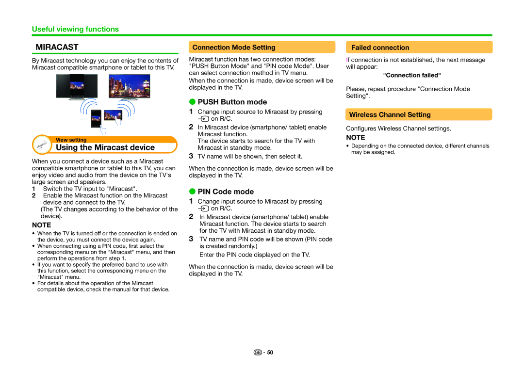 Sharp LC-60PRO10R, LC-70PRO10R, LC-80PRO10R operation manual Using the Miracast device, Push Button mode, PIN Code mode 