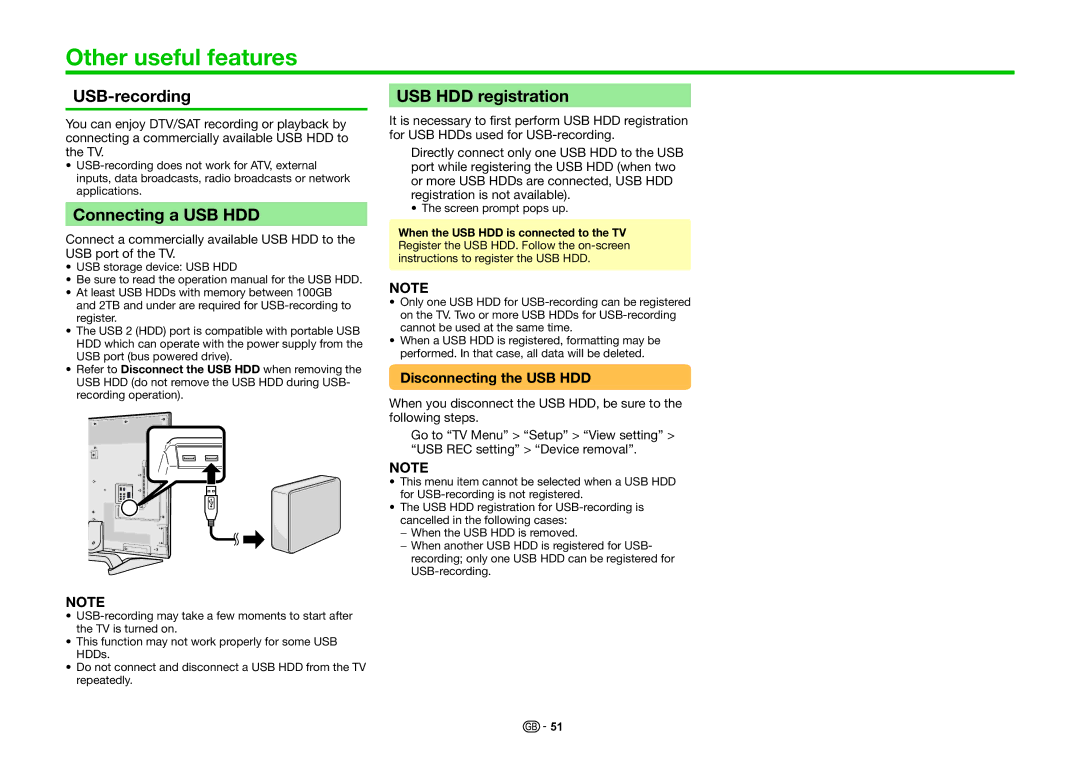 Sharp LC-80PRO10R, LC-70PRO10R Other useful features, USB-recording, Connecting a USB HDD, USB HDD registration 