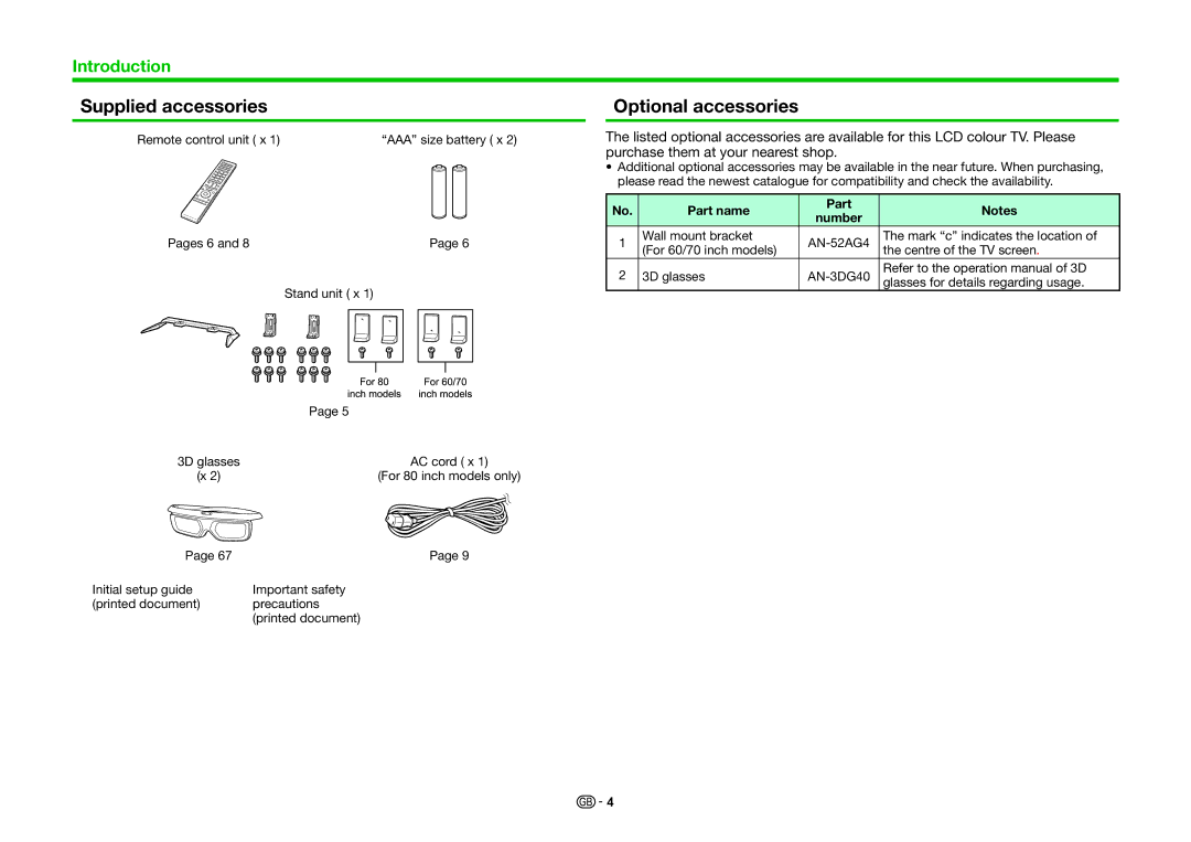 Sharp LC-70PRO10R, LC-60PRO10R, LC-80PRO10R operation manual Supplied accessories, Optional accessories, Part name Number 