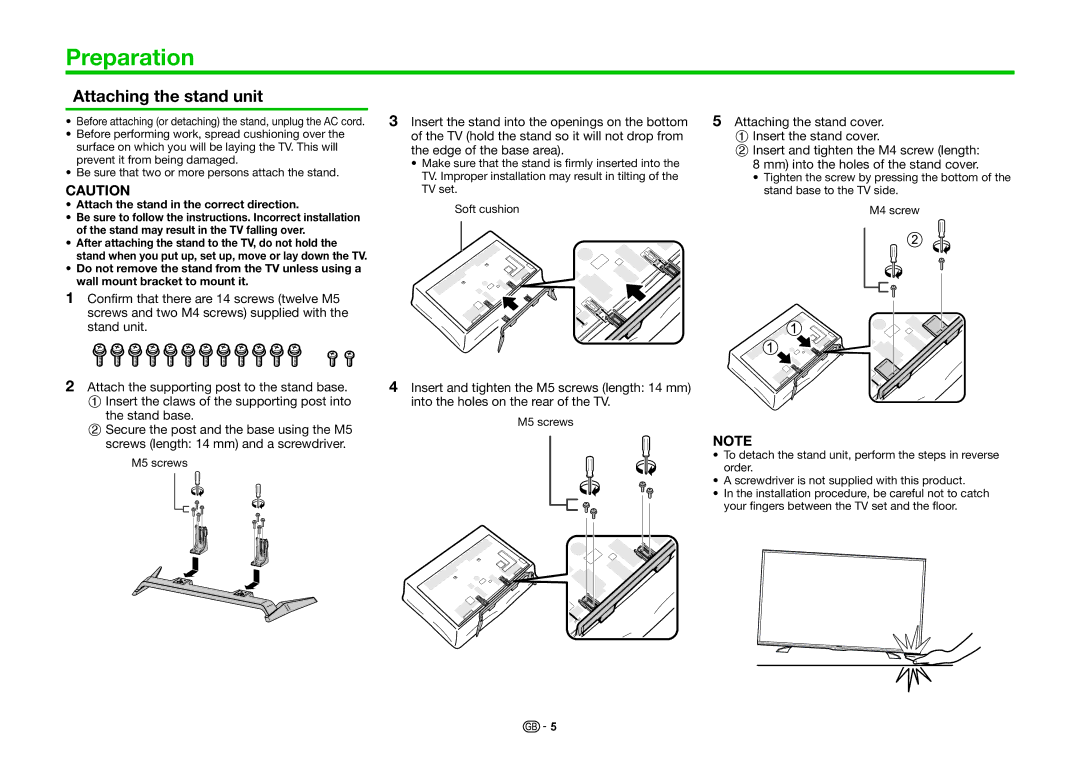 Sharp LC-60PRO10R, LC-70PRO10R, LC-80PRO10R Preparation, Attaching the stand unit, Mm into the holes of the stand cover 