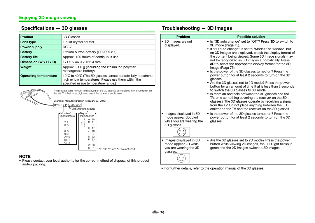 Sharp LC-70PRO10R, LC-60PRO10R, LC-80PRO10R operation manual Specifications 3D glasses, Troubleshooting 3D Images 