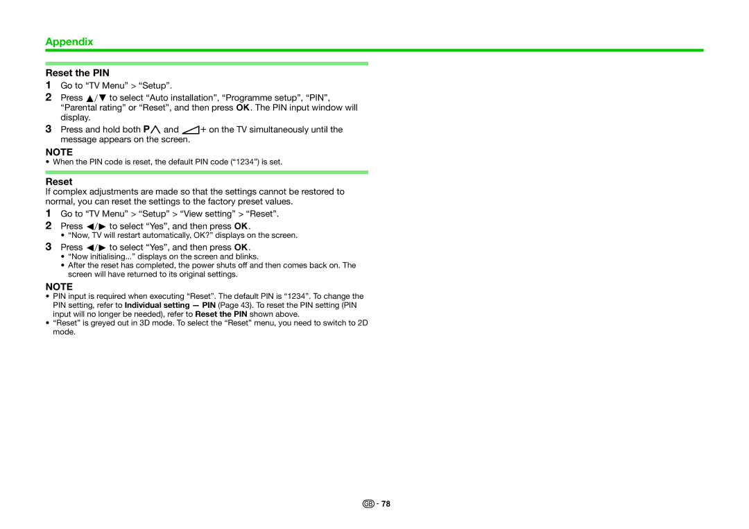 Sharp LC-80PRO10R, LC-70PRO10R, LC-60PRO10R operation manual Reset the PIN 