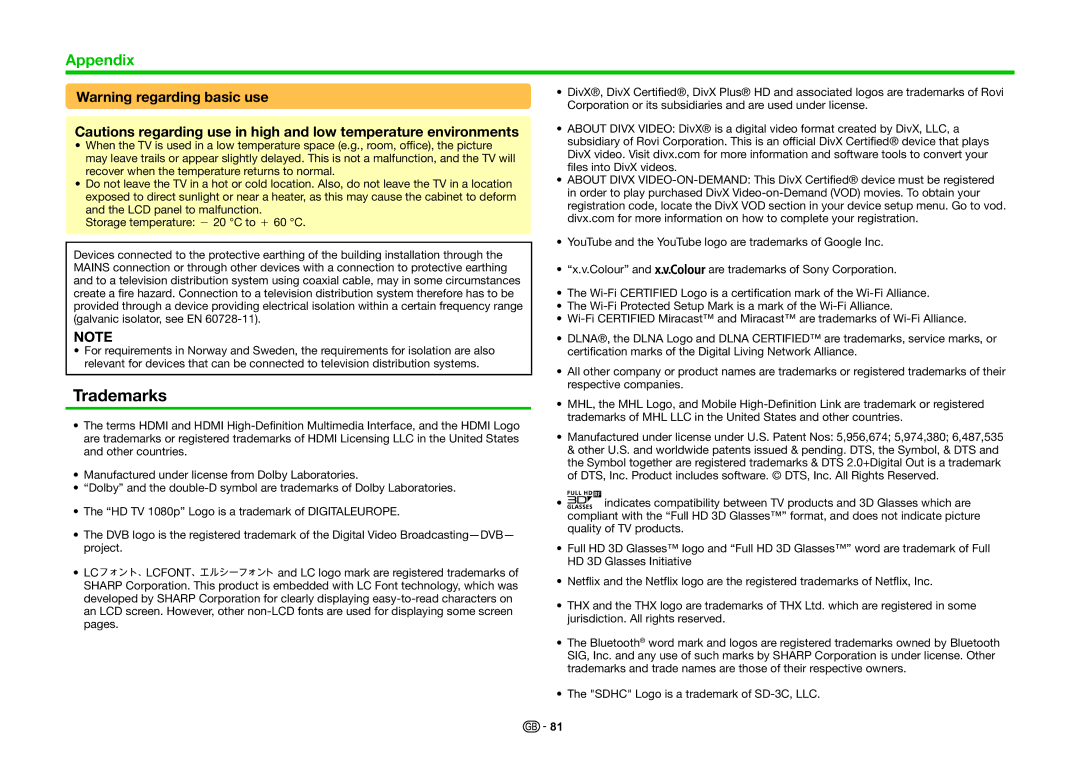 Sharp LC-80PRO10R, LC-70PRO10R, LC-60PRO10R operation manual Trademarks 