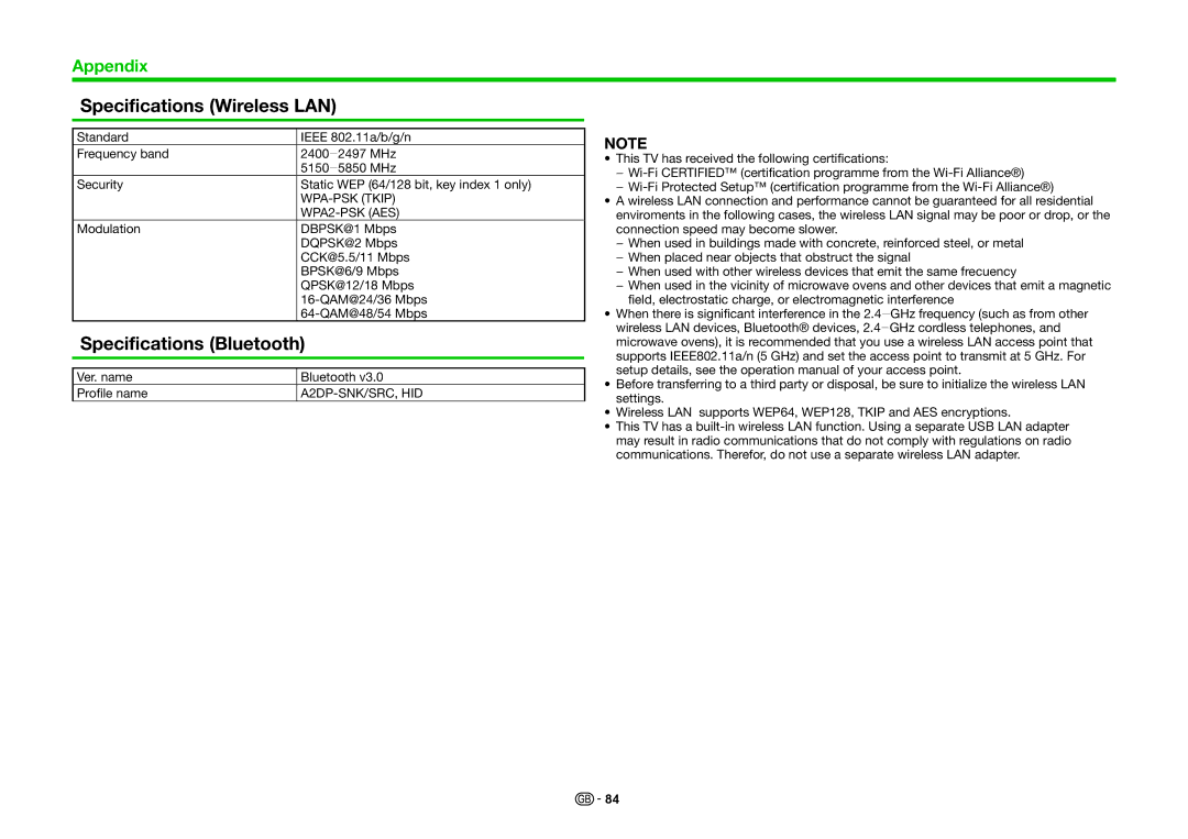 Sharp LC-80PRO10R, LC-70PRO10R, LC-60PRO10R operation manual Specifications Wireless LAN, Specifications Bluetooth 