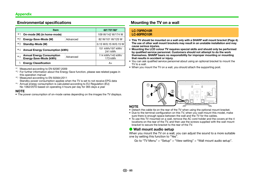 Sharp LC-70PRO10R Environmental specifications, Mounting the TV on a wall, Wall mount audio setup, 60o/70o/80o 