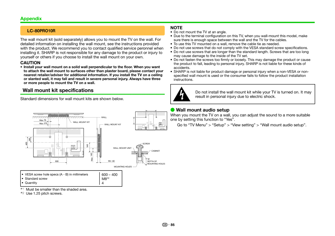 Sharp LC-60PRO10R, LC-70PRO10R operation manual Wall mount kit, LC-80PRO10R 