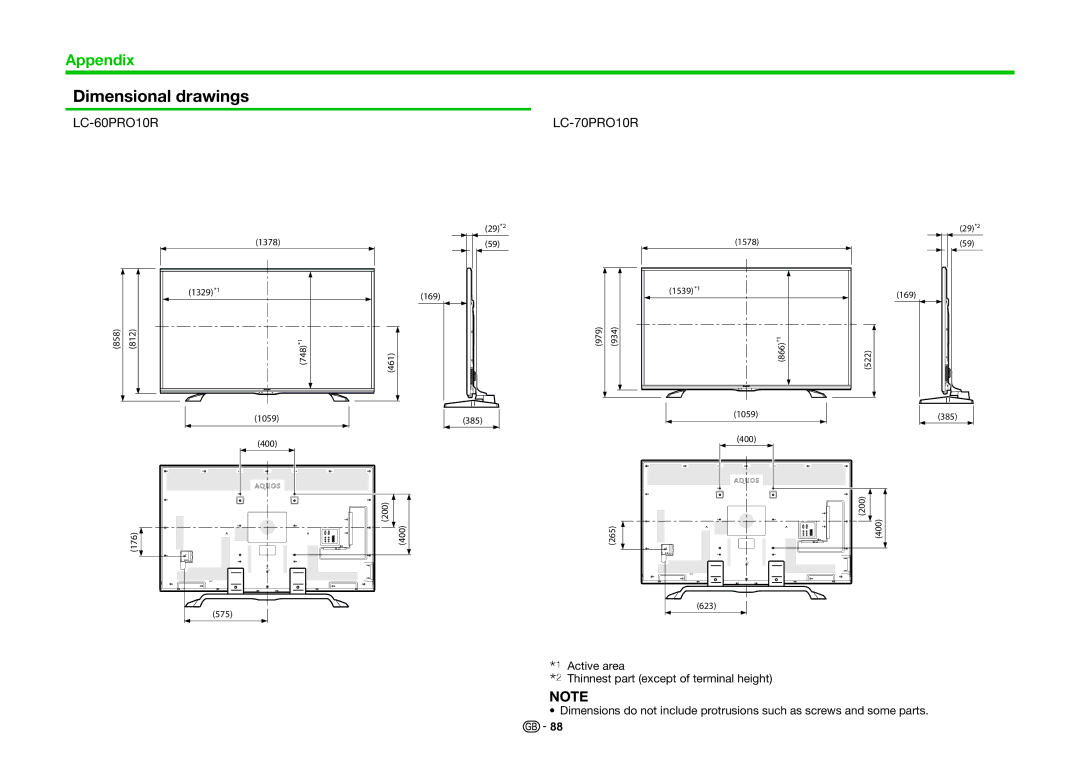 Sharp LC-80PRO10R operation manual Dimensional drawings, LC-60PRO10R LC-70PRO10R 