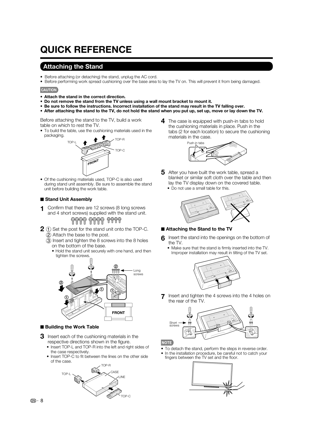 Sharp LC-80LE632U operation manual Stand Unit Assembly, Building the Work Table, Attaching the Stand to the TV 