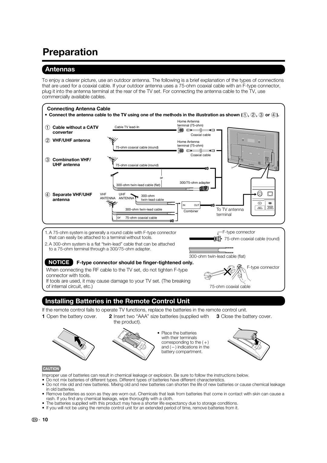 Sharp LC-80LE632U operation manual Preparation, Installing Batteries in the Remote Control Unit, Connecting Antenna Cable 