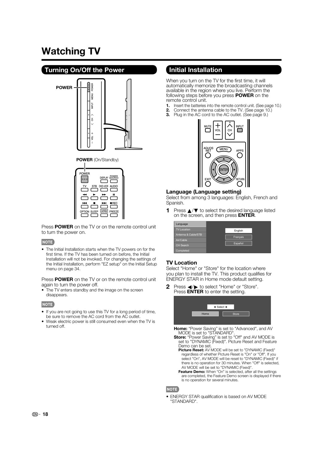 Sharp LC-80LE632U Watching TV, Turning On/Off the Power, Initial Installation, Language Language setting, TV Location 