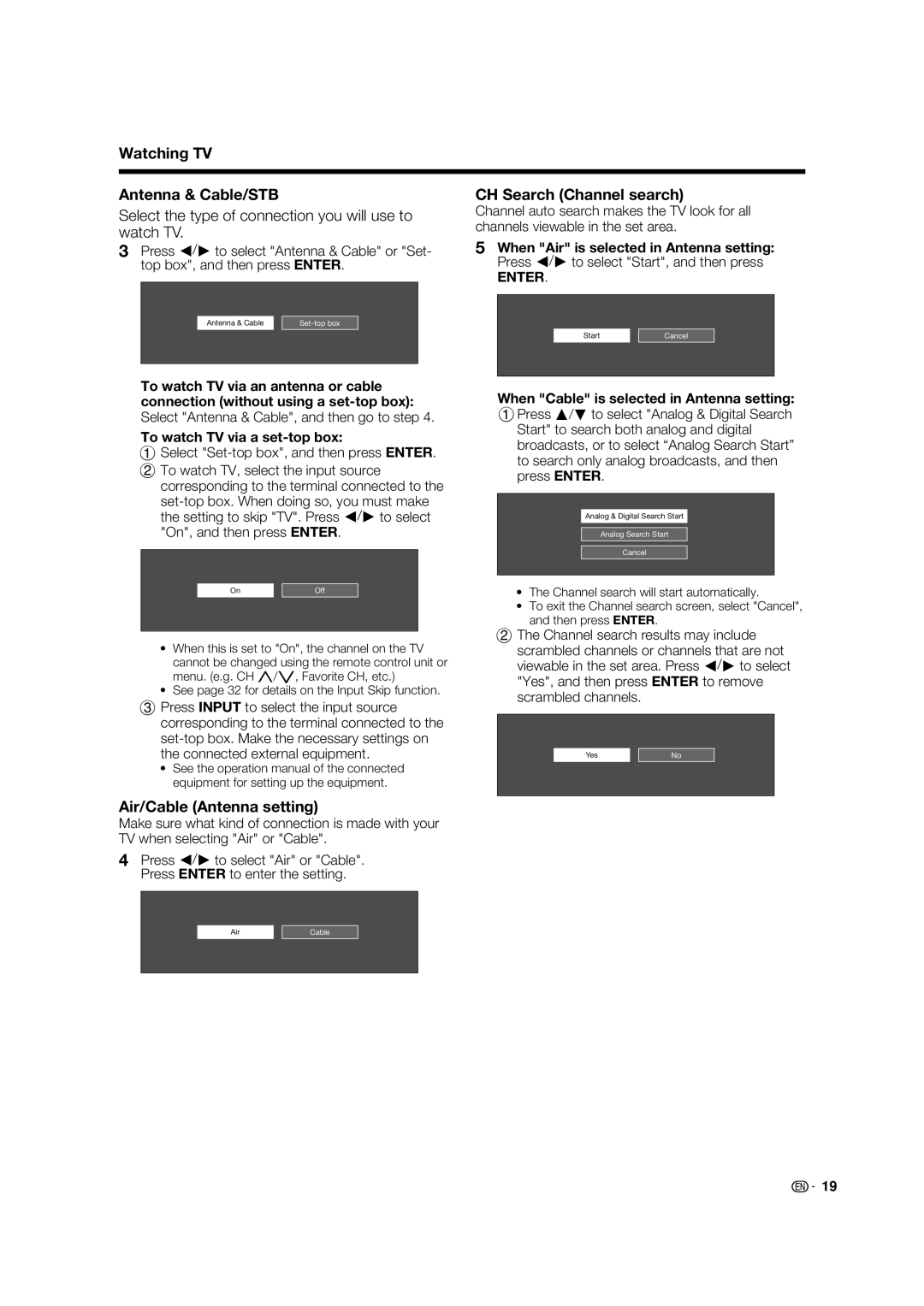 Sharp LC-80LE632U operation manual Watching TV Antenna & Cable/STB, CH Search Channel search, Air/Cable Antenna setting 