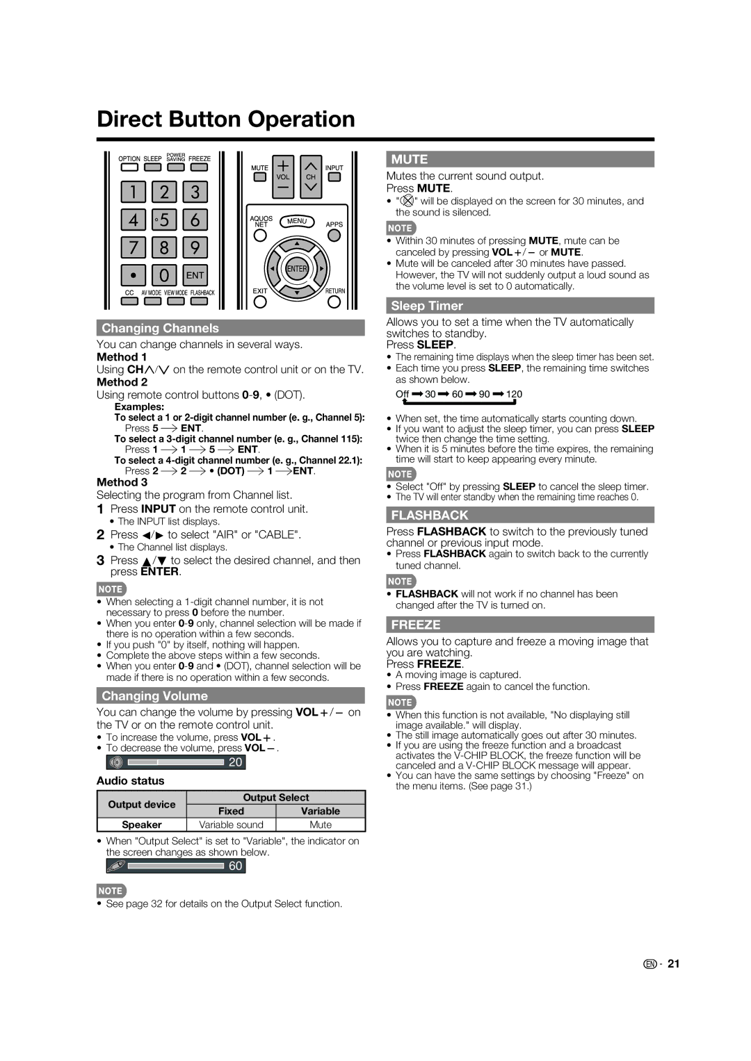 Sharp LC-80LE632U operation manual Direct Button Operation, Changing Channels, Changing Volume, Sleep Timer 