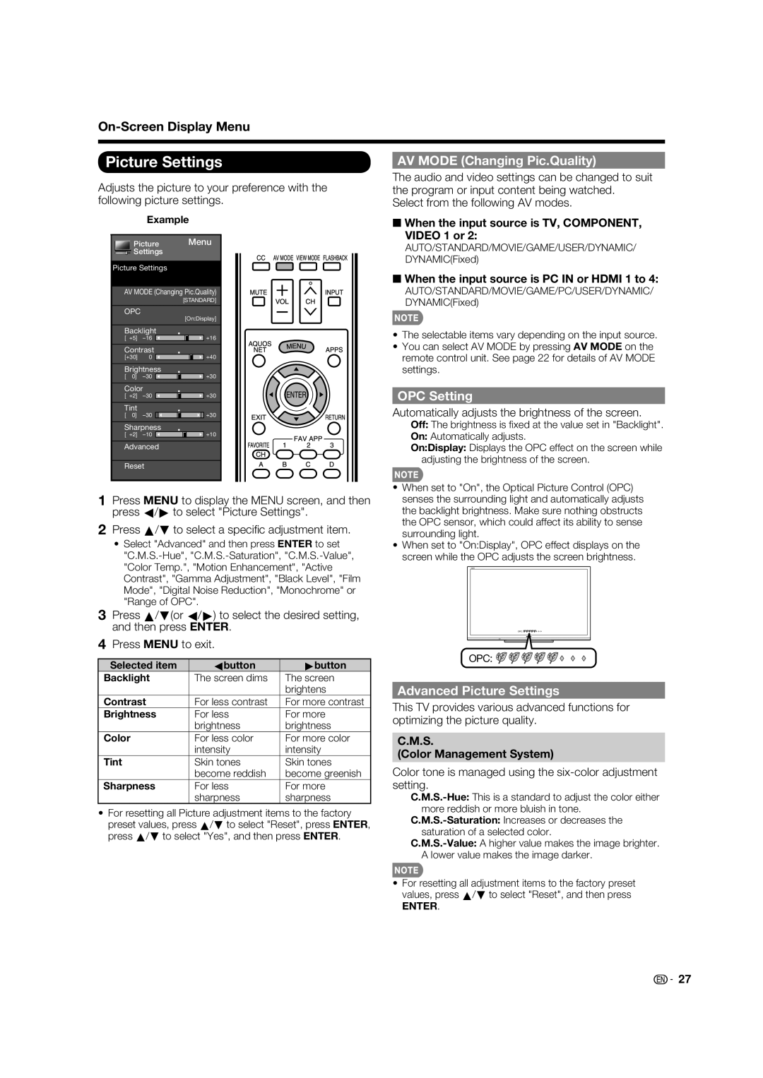 Sharp LC-80LE632U operation manual AV Mode Changing Pic.Quality, OPC Setting, Advanced Picture Settings 