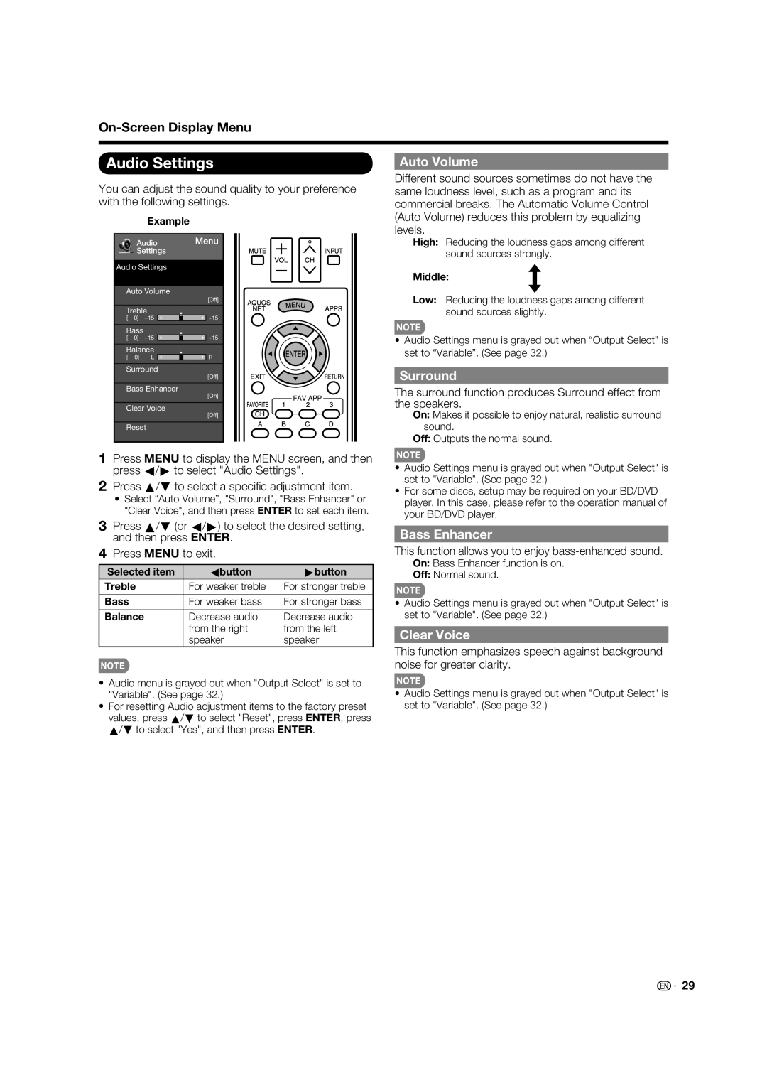 Sharp LC-80LE632U operation manual Audio Settings, Surround, Bass Enhancer, Clear Voice 