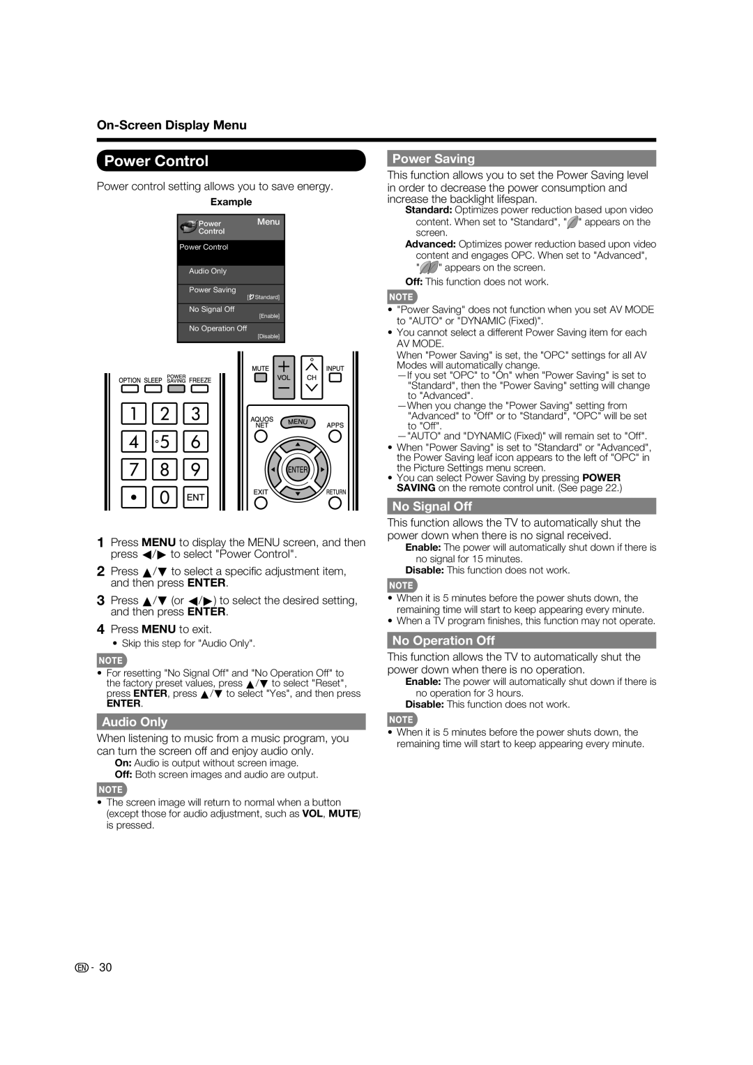 Sharp LC-80LE632U operation manual Power Control, Power Saving, No Signal Off, No Operation Off, Audio Only 