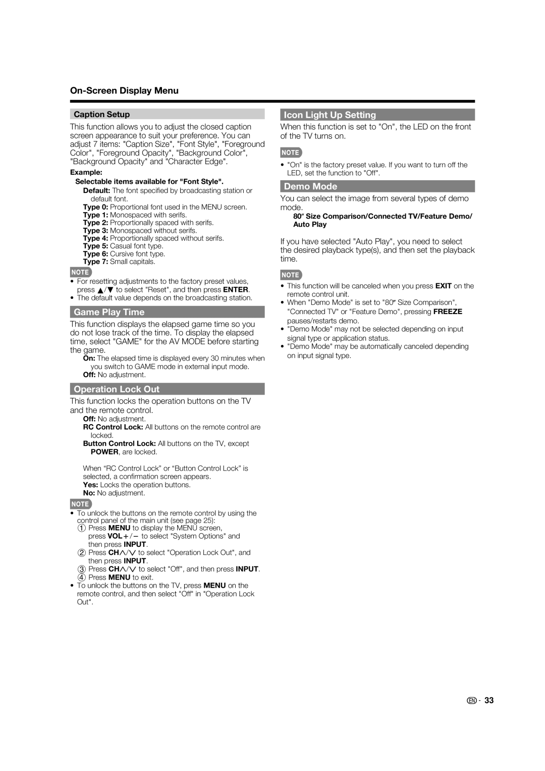 Sharp LC-80LE632U operation manual Icon Light Up Setting, Game Play Time, Demo Mode, Operation Lock Out, Caption Setup 
