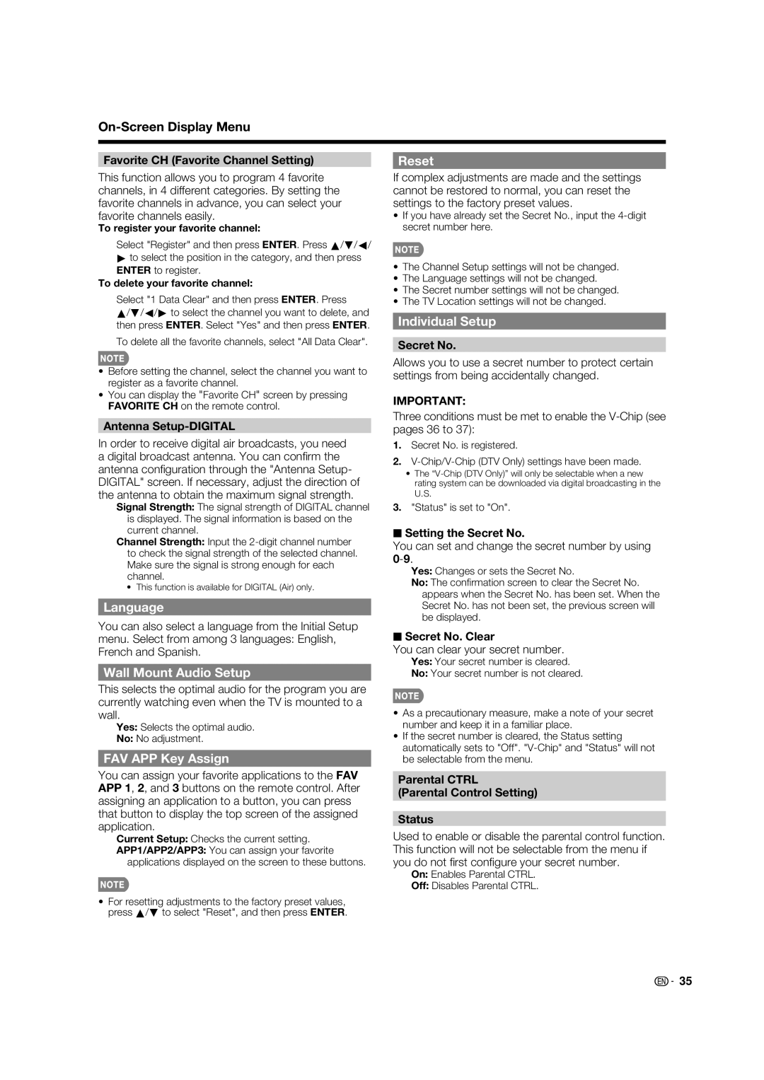 Sharp LC-80LE632U operation manual Reset, Language, Wall Mount Audio Setup, FAV APP Key Assign, Individual Setup 