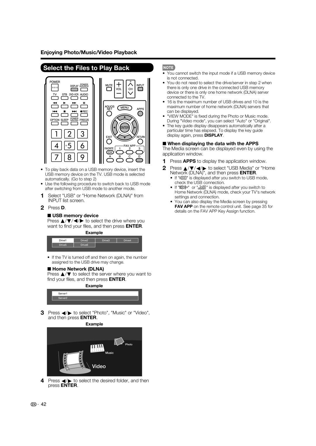 Sharp LC-80LE632U Select the Files to Play Back, Enjoying Photo/Music/Video Playback, USB memory device, Home Network Dlna 