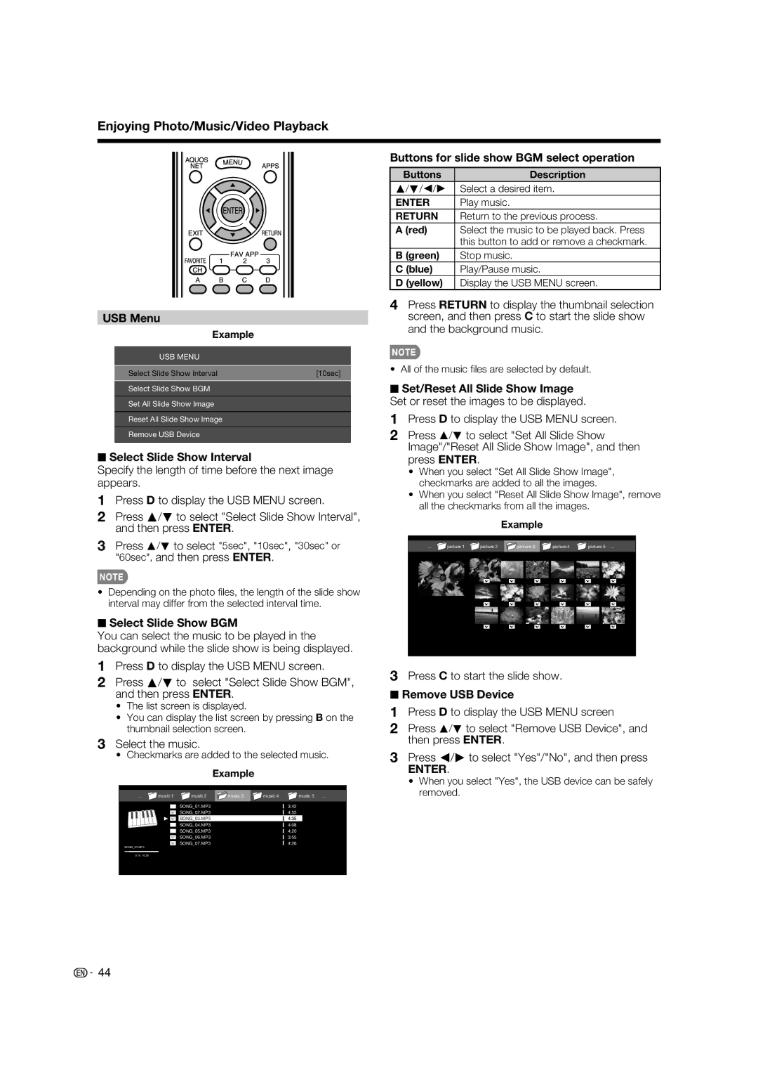 Sharp LC-80LE632U USB Menu, Select Slide Show Interval, Select Slide Show BGM, Buttons for slide show BGM select operation 