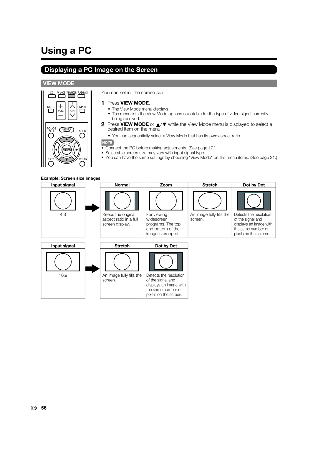 Sharp LC-80LE632U operation manual Using a PC, Displaying a PC Image on the Screen, Stretch Dot by Dot 