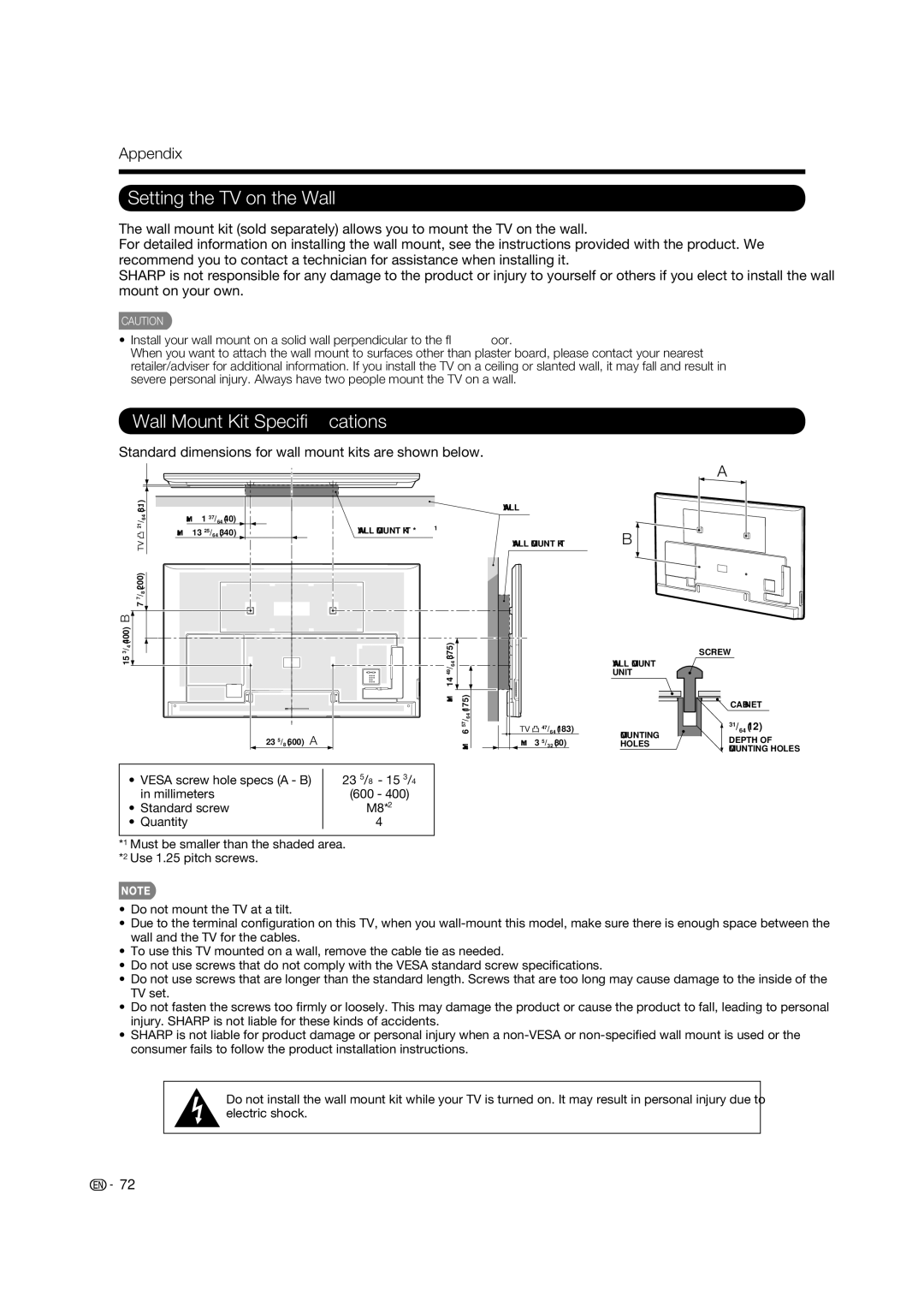 Sharp LC-80LE632U operation manual Setting the TV on the Wall, Wall Mount Kit Speciﬁcations, Appendix 