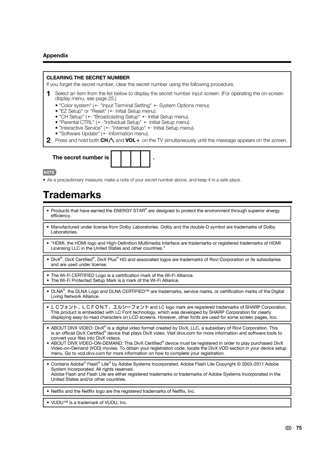 Sharp LC-80LE632U operation manual Trademarks, Secret number is 