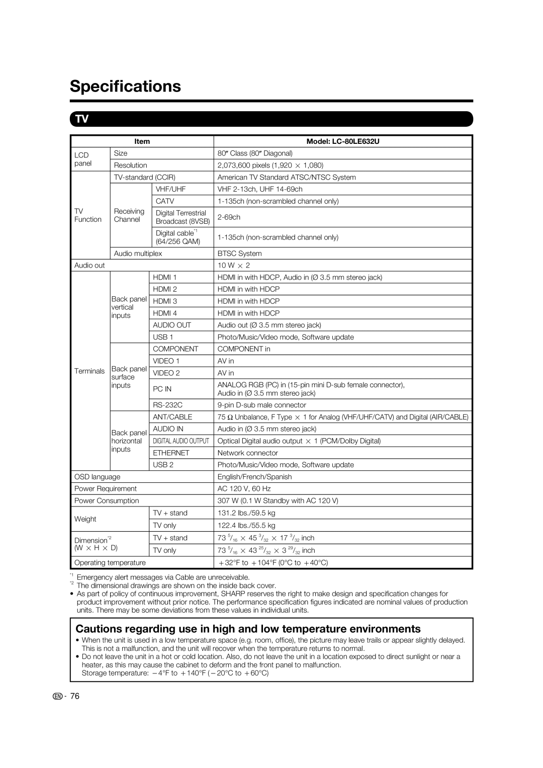 Sharp operation manual Speciﬁcations, Model LC-80LE632U 