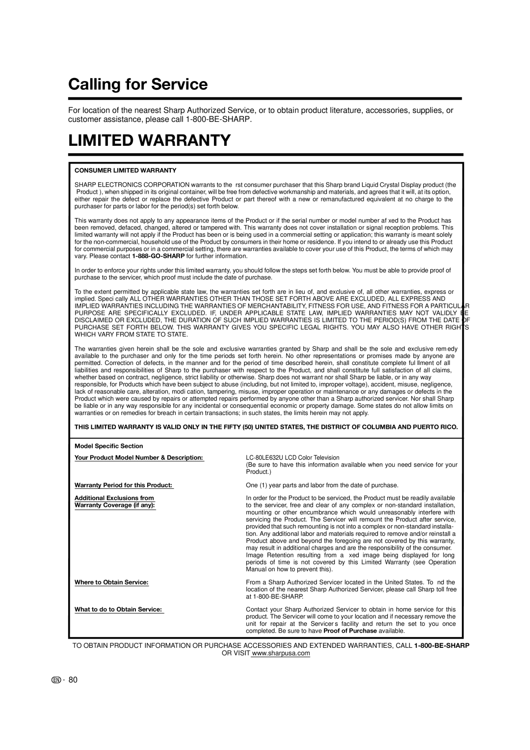 Sharp LC-80LE632U operation manual Calling for Service, Limited Warranty 