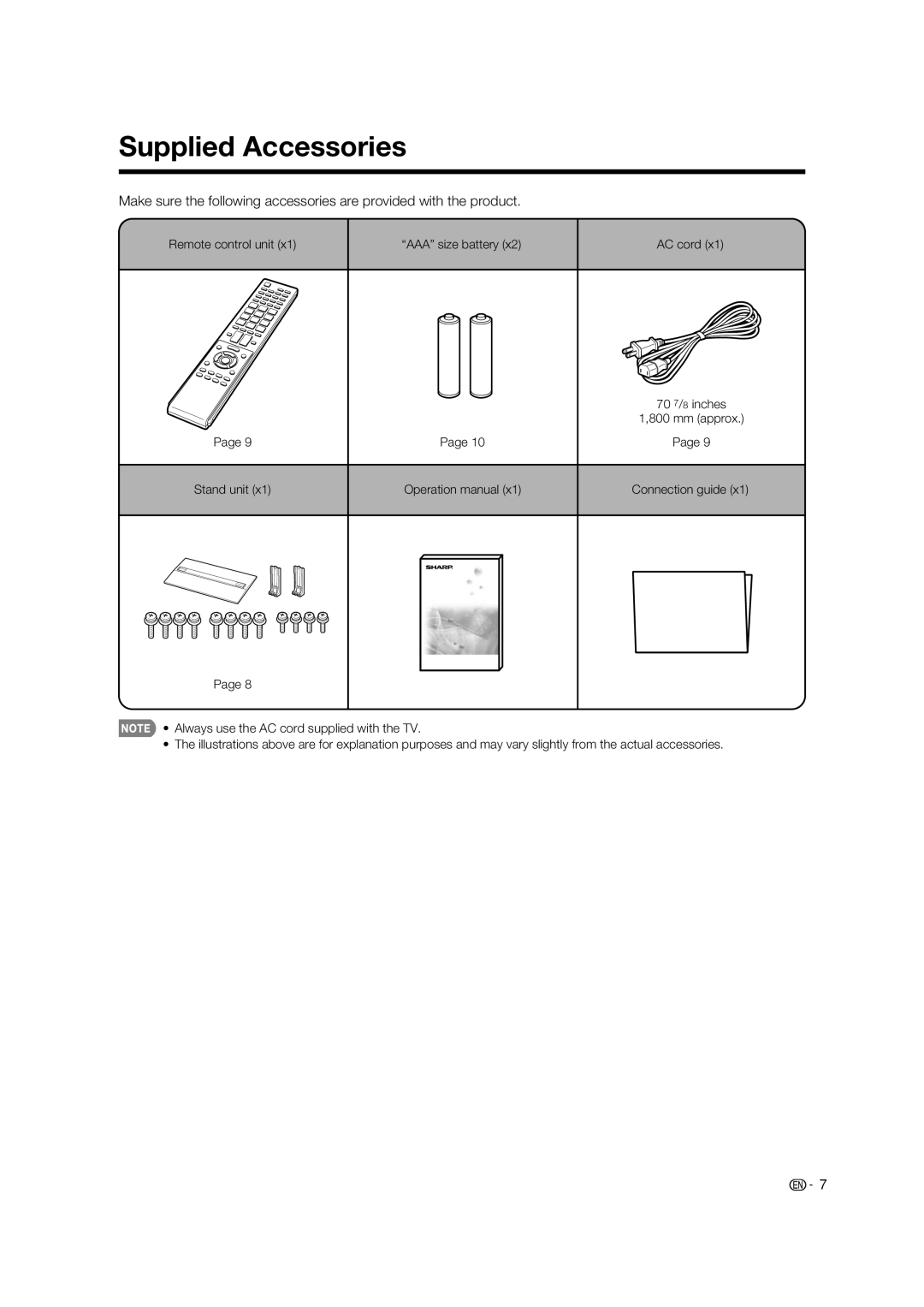 Sharp LC-80LE632U operation manual Supplied Accessories, Remote control unit AAA size battery, 70 7/ 8 inches 