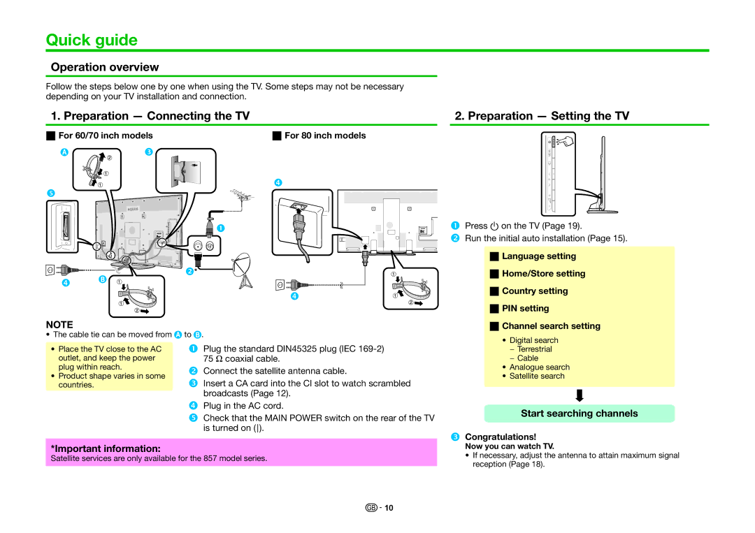 Sharp LC-80LE857K, LC-60LE855K Quick guide, Operation overview, Preparation Connecting the TV Preparation Setting the TV 