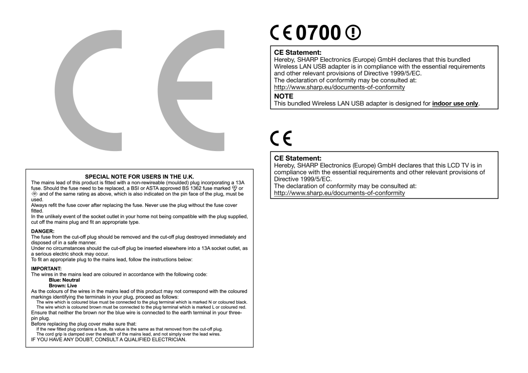 Sharp LC-70LE857K, LC-80LE857K, LC-60LE855K operation manual CE Statement 