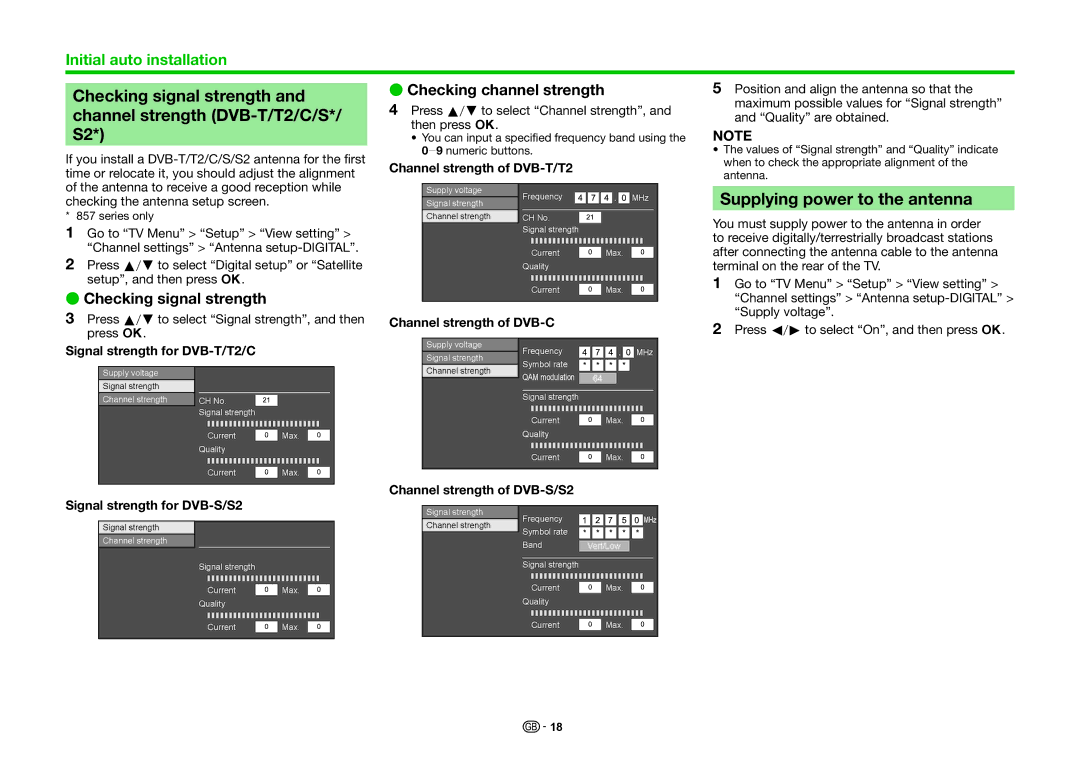 Sharp LC-70LE857K, LC-80LE857K Checking signal strength, Channel strength DVB-T/T2/C/S, Supplying power to the antenna 