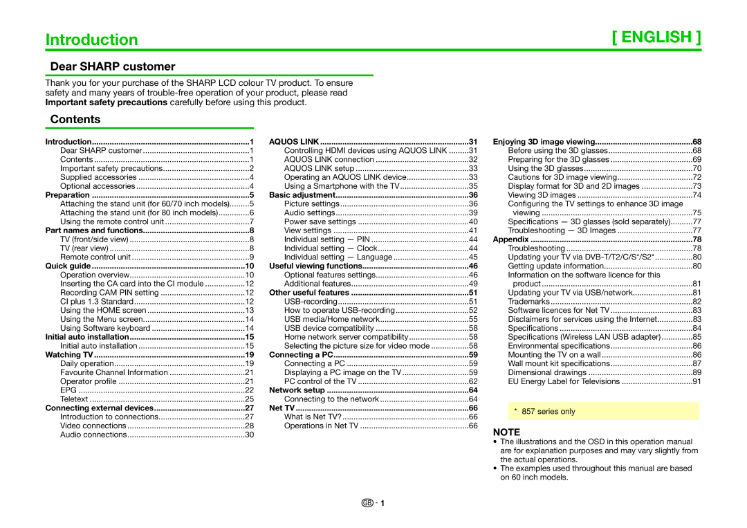 Sharp LC-80LE857K, LC-60LE855K, LC-70LE857K operation manual Introduction, Dear Sharp customer, Contents 