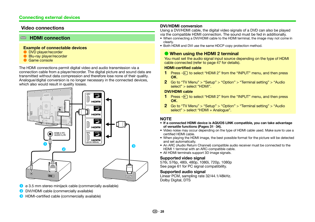 Sharp LC-80LE857K, LC-60LE855K, LC-70LE857K Video connections Hdmi connection, When using the Hdmi 2 terminal 