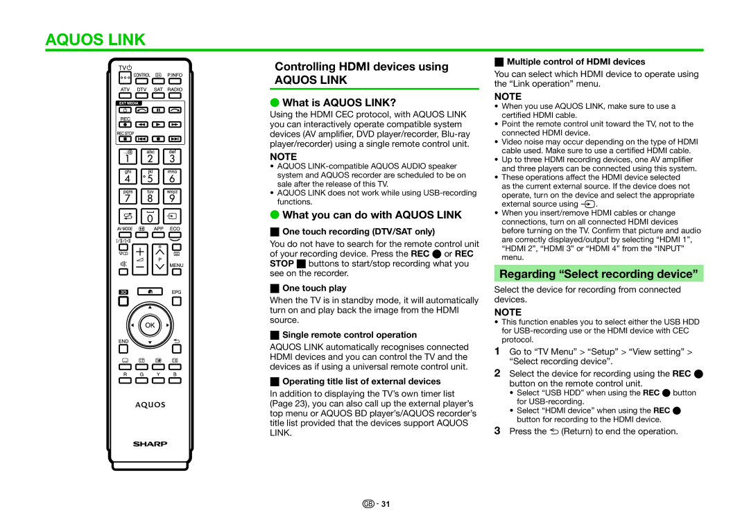 Sharp LC-80LE857K, LC-60LE855K Controlling Hdmi devices using, Regarding Select recording device, What is Aquos LINK? 