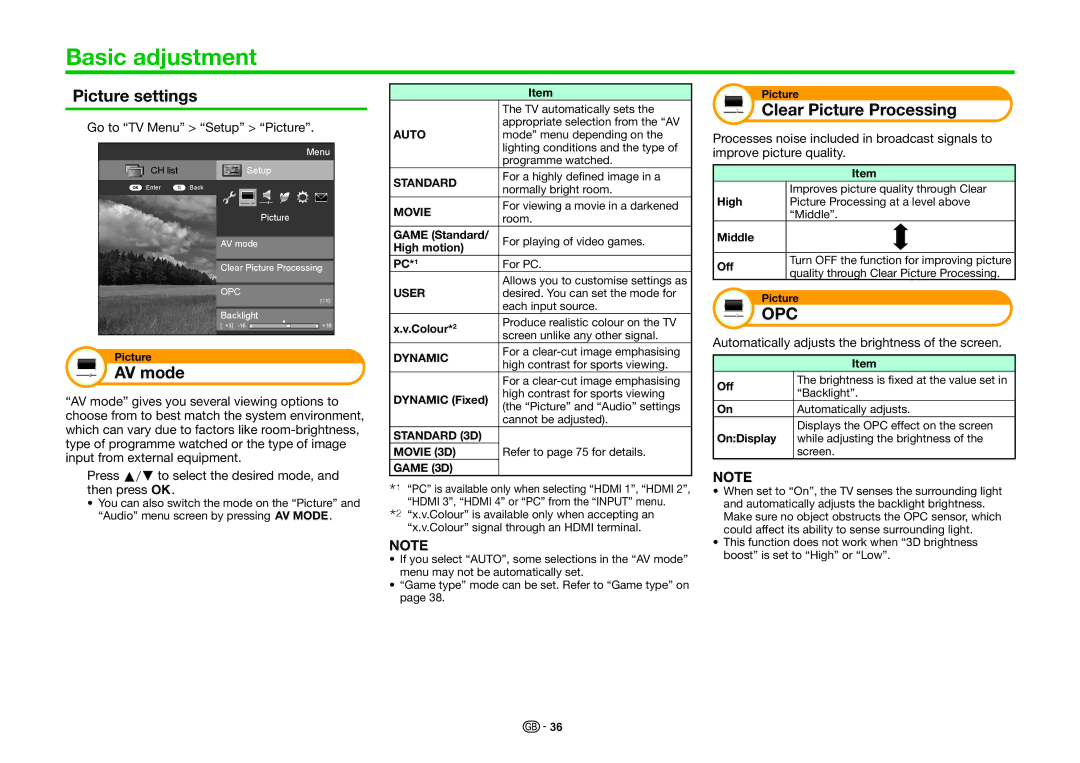 Sharp LC-70LE857K, LC-80LE857K, LC-60LE855K Basic adjustment, Picture settings, AV mode, Clear Picture Processing 