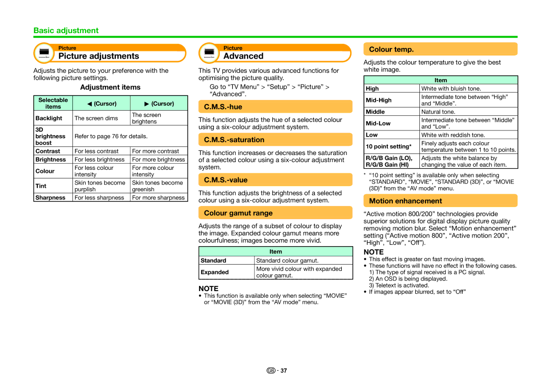 Sharp LC-80LE857K, LC-60LE855K, LC-70LE857K operation manual Picture adjustments, Advanced 