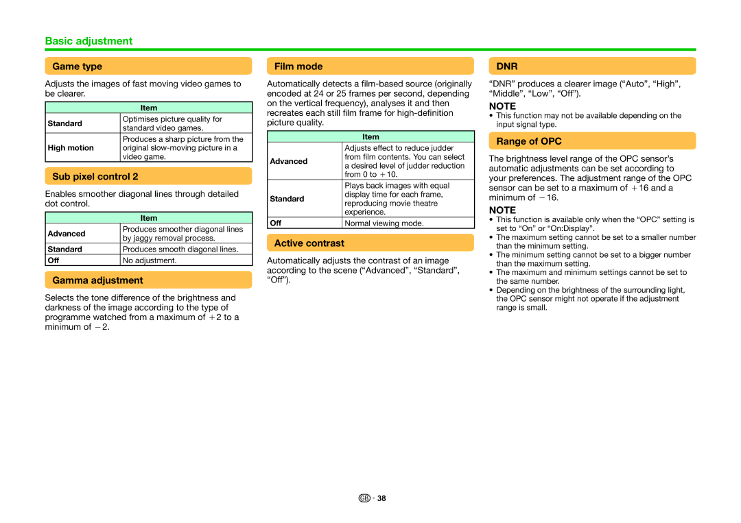 Sharp LC-60LE855K, LC-80LE857K Game type, Sub pixel control, Gamma adjustment, Film mode, Active contrast, Range of OPC 