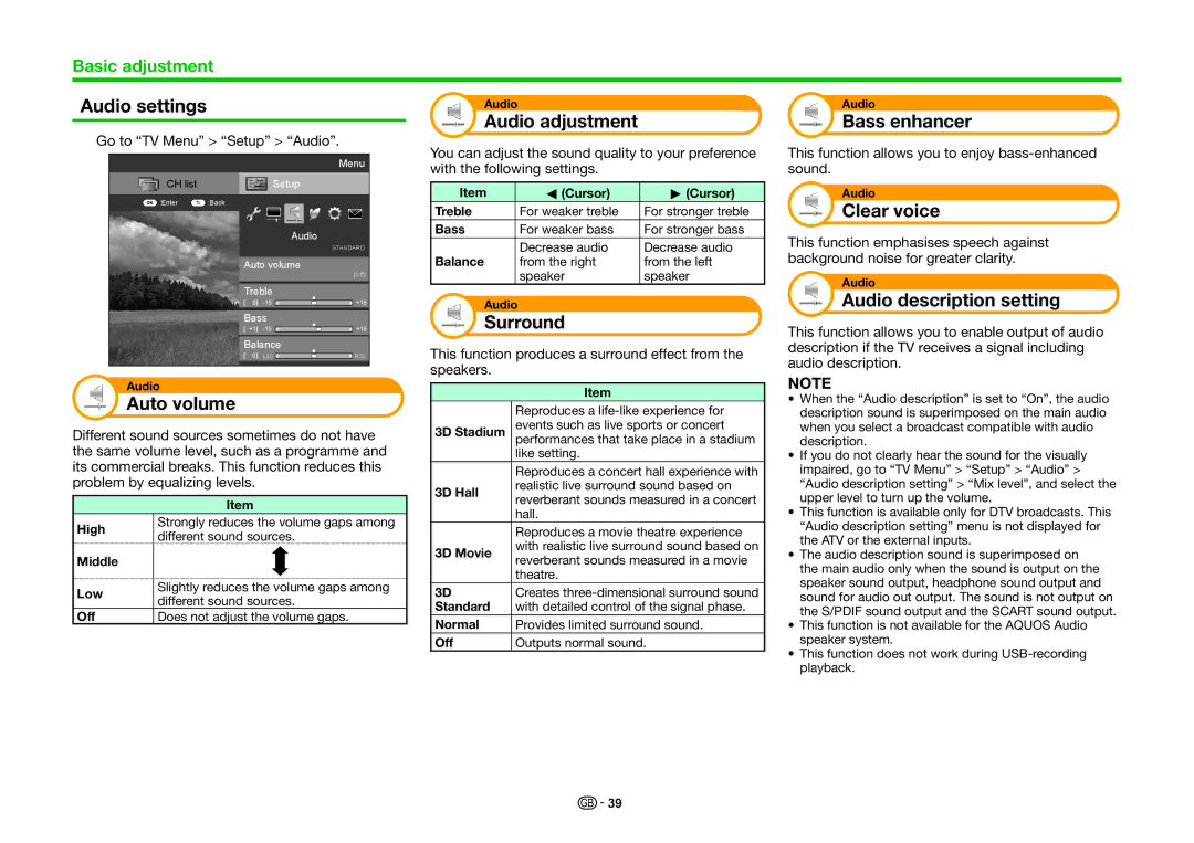Sharp LC-70LE857K, LC-80LE857K Audio settings, Auto volume, Audio adjustment, Surround, Bass enhancer, Clear voice 