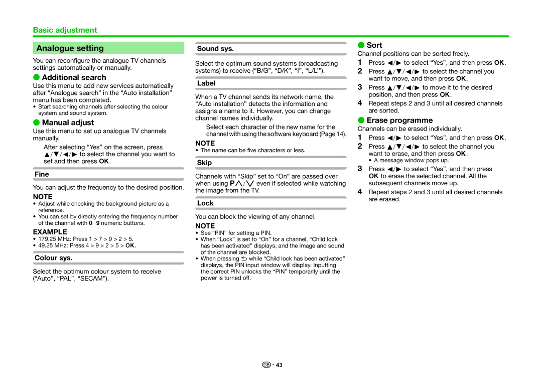 Sharp LC-80LE857K, LC-60LE855K, LC-70LE857K operation manual Analogue setting, Sort, Erase programme 