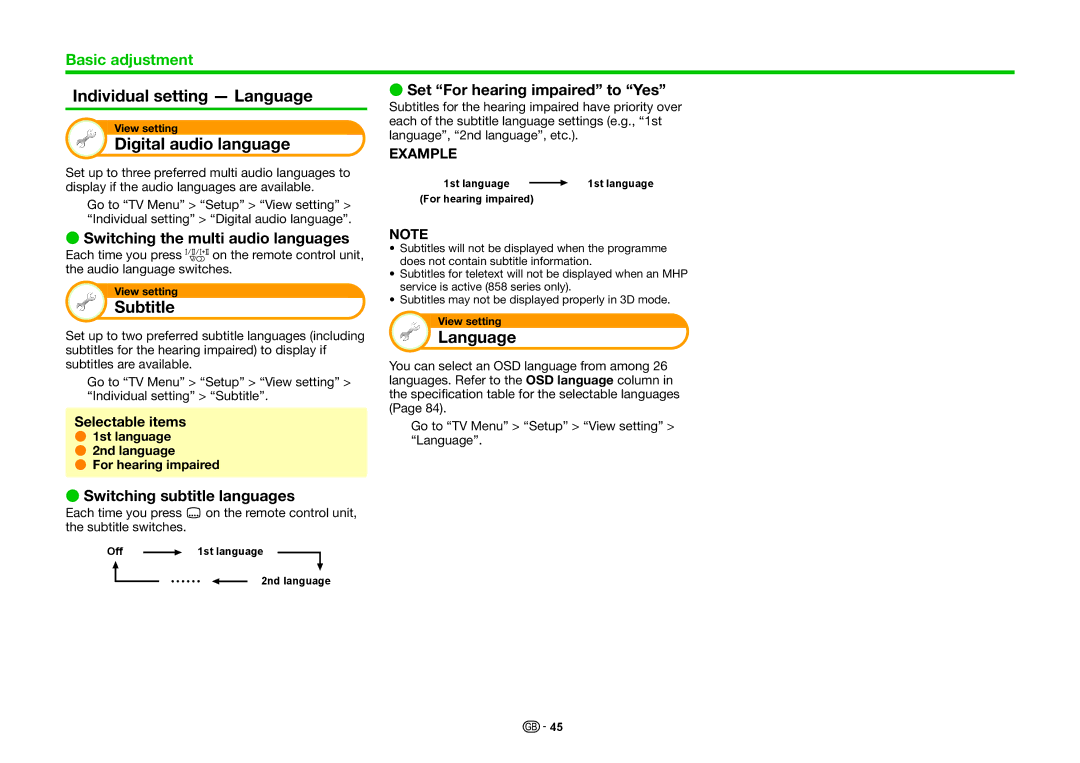 Sharp LC-70LE857K, LC-80LE857K, LC-60LE855K operation manual Individual setting Language, Digital audio language, Subtitle 