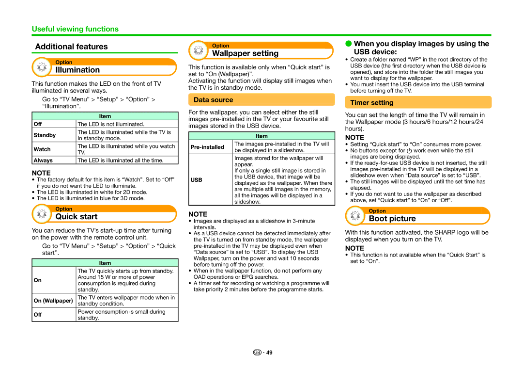 Sharp LC-80LE857K, LC-60LE855K, LC-70LE857K Additional features, Illumination, Wallpaper setting, Quick start, Boot picture 