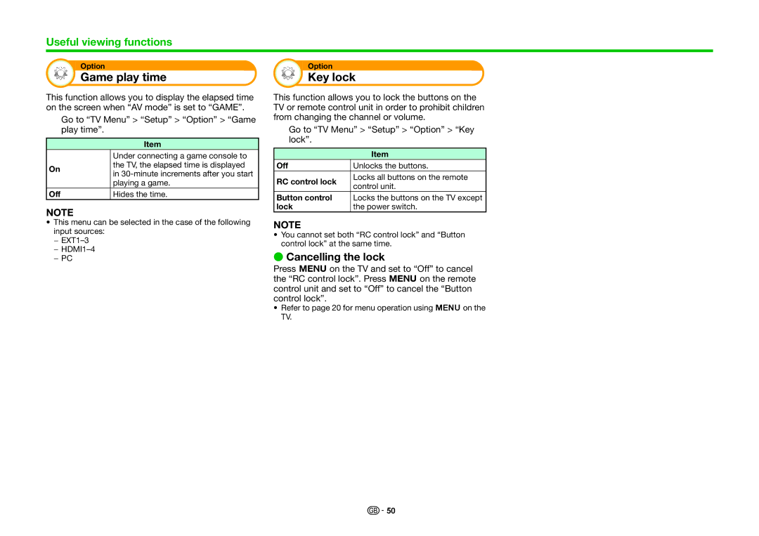 Sharp LC-60LE855K, LC-80LE857K, LC-70LE857K operation manual Game play time Key lock, Cancelling the lock 