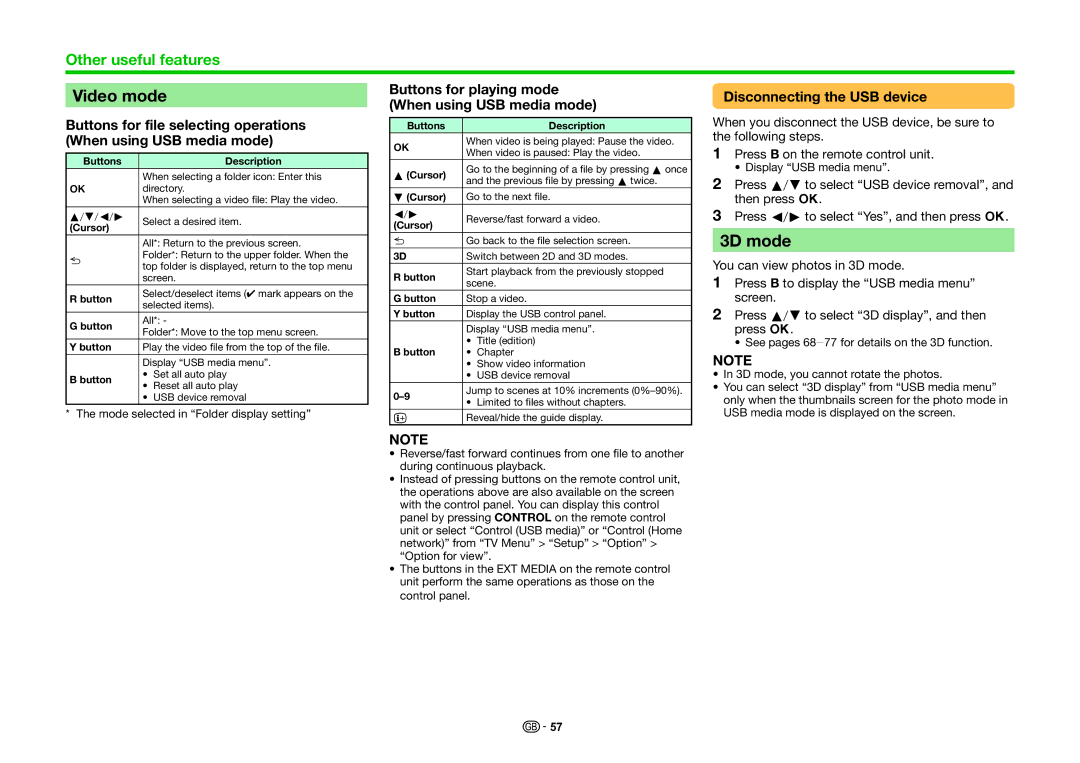 Sharp LC-70LE857K Video mode, 3D mode, Buttons for playing mode When using USB media mode, Disconnecting the USB device 