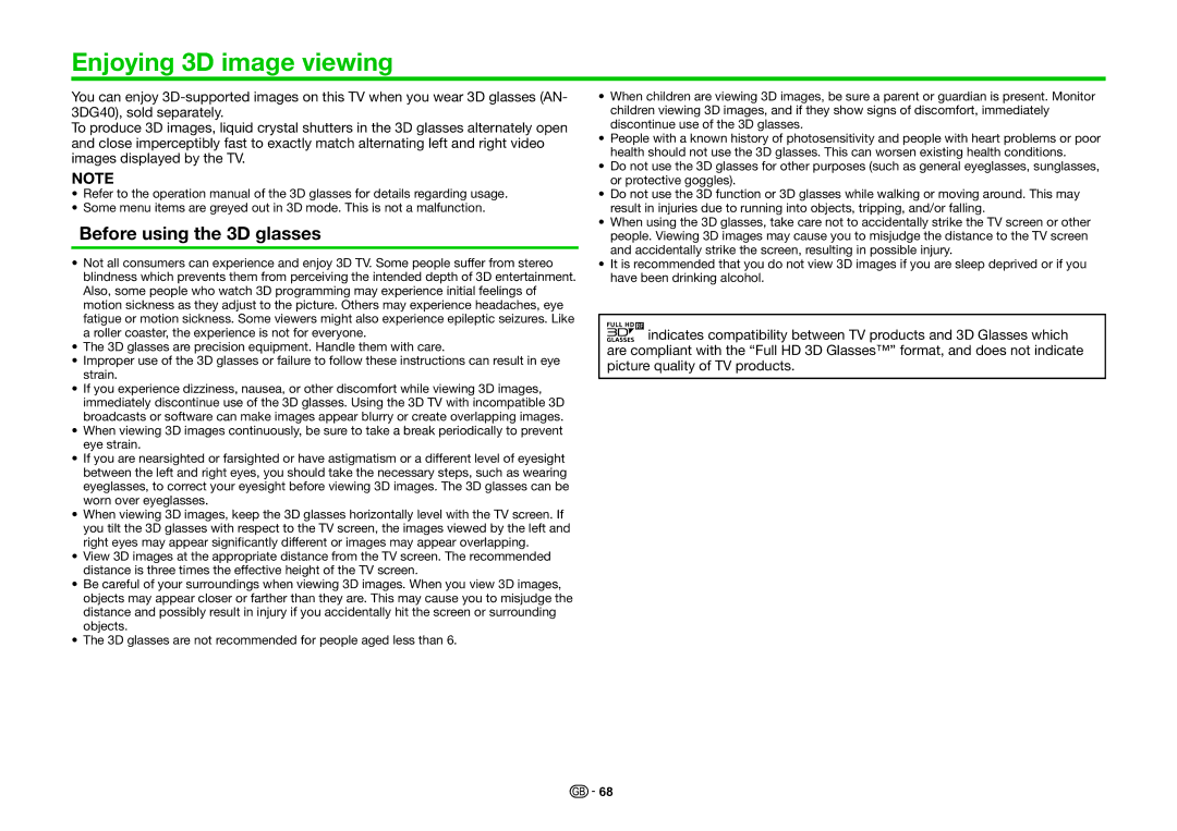 Sharp LC-60LE855K, LC-80LE857K, LC-70LE857K operation manual Enjoying 3D image viewing, Before using the 3D glasses 