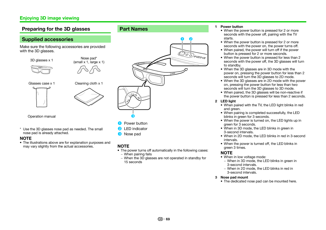 Sharp LC-70LE857K Preparing for the 3D glasses Supplied accessories, Part Names, Power button, LED light, Nose pad mount 