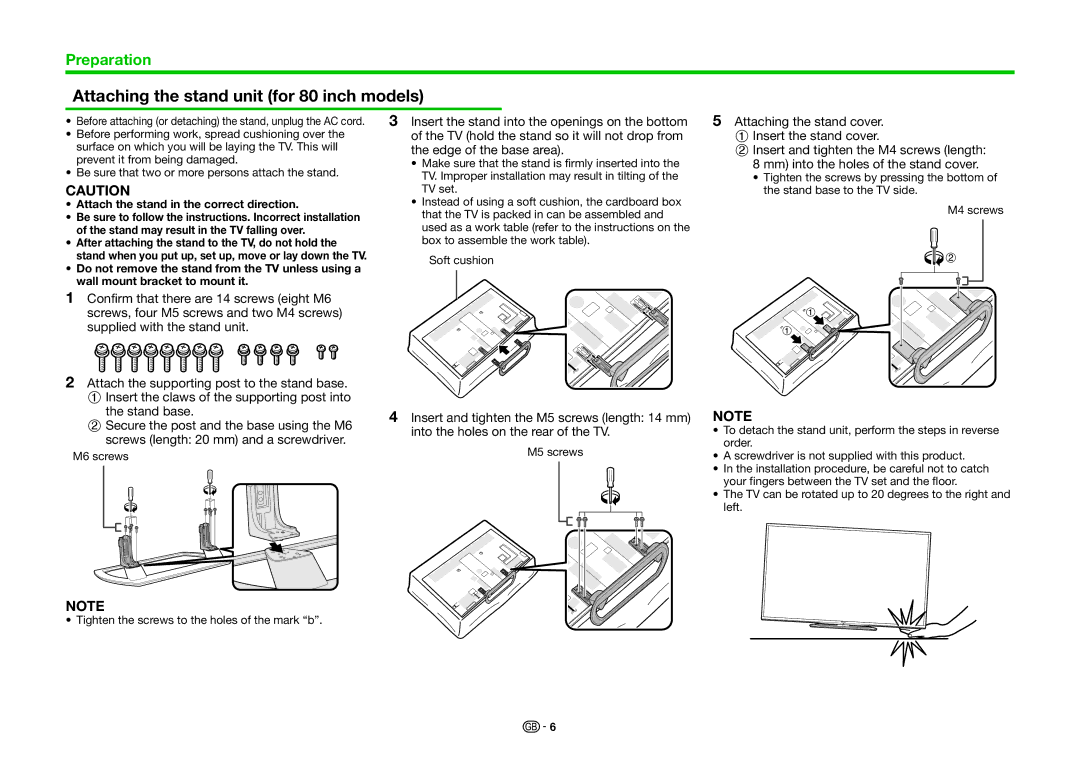 Sharp LC-70LE857K, LC-80LE857K Attaching the stand unit for 80 inch models, Stand may result in the TV falling over 